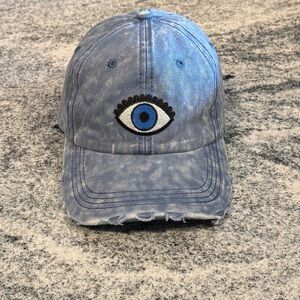 New Custom Designed Blue Distressed Baseball Cap with Embroidered Evil Eye